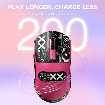 MANBASNAKE × ATTACK SHARK X3 Wireless Gaming Mouse, 49g Lightweight Triple Mode Ergonomic Computer Mouse, PAW3395 26K DPI Sensor,200h Battery Life, Griptape Programmable Buttons for PC/Mac/Win (Berry) - color: Berry & Griptape
