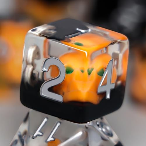 Halloween Pumpkin Theme DND Dice Set, 7 Pieces Polyhedral Resin Dice with Metal Storage Box, Orange and Black