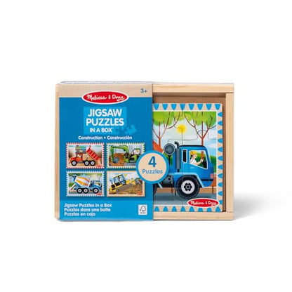 Melissa & Doug 4‑in‑1 Wooden Construction Vehicles Jigsaw Puzzle Set, 48 Pieces with Storage Box, Toddler Puzzle Toy for Kids Ages 3+ - FSC Certified - style: Construction