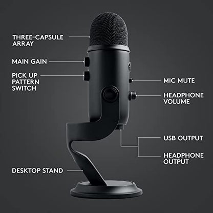 Logitech Blue Yeti Game Streaming Kit with Yeti USB Gaming Mic, Blue VO!CE Software, Exclusive Streamlabs Themes, Custom Pop Filter, PC/Mac/PS4/PS5 - Blackout