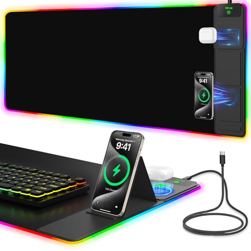 Mouse Pad with Foldable Phone Holder & Wireless Charger, XXL RGB Gaming Mousepad 31.5"x15.8" Large Desk Mat for Keyboard, Black Desk Pad with Dual Qi Charging Station | 11 Colors 5 Modes | Waterproof - color: 31.5x15.75"Phone Stand-Black Right Upgraded