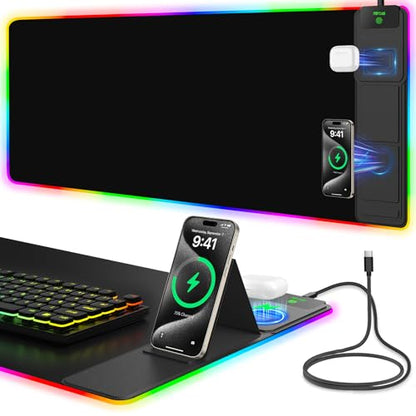 Mouse Pad with Foldable Phone Holder & Wireless Charger, XXL RGB Gaming Mousepad 31.5"x15.8" Large Desk Mat for Keyboard, Black Desk Pad with Dual Qi Charging Station | 11 Colors 5 Modes | Waterproof - color: 31.5x15.75"Phone Stand-Black Right Upgraded