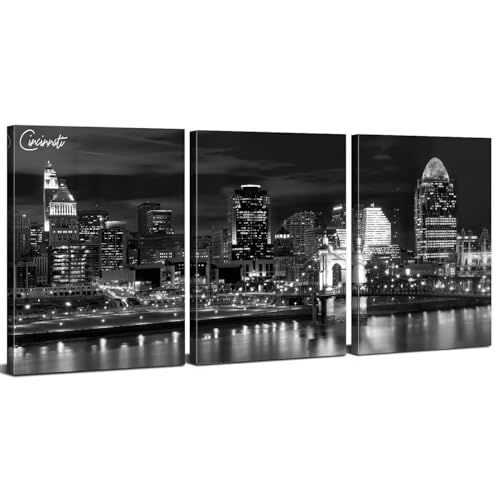 Cincinnati Skyline Wall Art Black and White Cityscape Picture for Living Room USA Ohio Panoramic Night Canvas Prints American City Skyscrapers Poster Modern Artwork Bedroom Office Decoration 12x16" 3P - color: Cincinnati, size: 12"L x 16"W