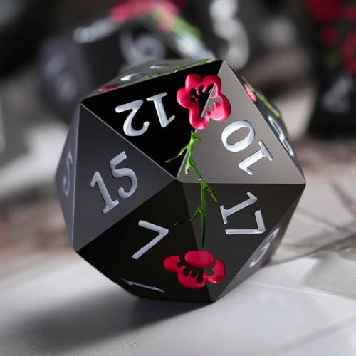 Metal Dice Set D&D, DNDND 7 PCS Flower Metallic DND Dice Set with Grogeous Gift Case for Dungeons and Dragon Tabletop Game (Matte Black with Pink Flower) - color: Flower Black