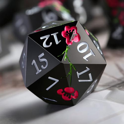 Metal Dice Set D&D, DNDND 7 PCS Flower Metallic DND Dice Set with Grogeous Gift Case for Dungeons and Dragon Tabletop Game (Matte Black with Pink Flower) - color: Flower Black