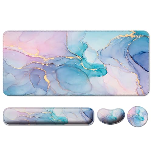 4 in 1 Mouse Pad and Keyboard Wrist Rest,Large Desk Mat,Coaster Set-Marble | Desk Matt For Desktop Wrist Rest Support XXL Gaming Cute Ergonomic for Computer Laptop Women Office Home Decor - color: D5-gold Blue Marble5