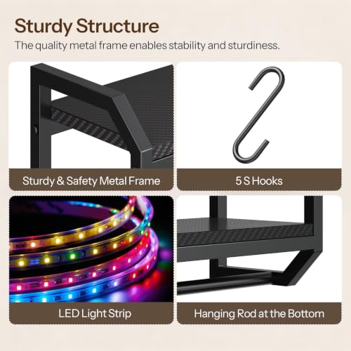 HOOBRO Gaming Floating Shelves with LED Light, 28.1" LED Wall Shelf Black | 4-Tier Wall Mounted Shelves for Storage, Floating Wall Shelf Display Rack With Hanging Rod, for Bedroom Game Room Living Room - color: Black