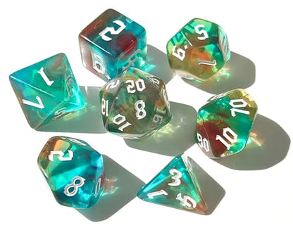 DND 주사위 7개 세트 클리어 그린 혼합 색상 (오로라) | D&D, CoC, RPG, 던전 앤 드래곤, MTG, 롤플레잉 게임 액세서리 - D20 시스템 게임용 아크릴 다면체 주사위 세트 - color: 블루 & 그린 오로라
