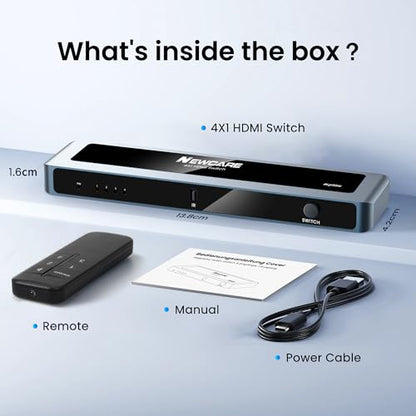 NEWCARE HDMI Switch 4 in 1 Out 4K@60Hz, Aluminum 4-Port HDMI Switcher Splitter with Remote, Supports HDR10 Dolby Vision HDCP 2.2 18Gbps 3D for TV PS5 Xbox Laptop Projector Fire Stick