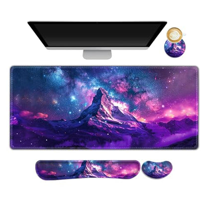 Large Gaming Mouse Pad Set, Purple 4 in1 Ergonomics Keyboard Desk Mat with Memory Foam Wrist Rest, Extended Game Mousepad, Non-Slip Desk Pad Matt Easy Typing Pain Relief I Galaxy Mountain - color: Galaxy Mountain