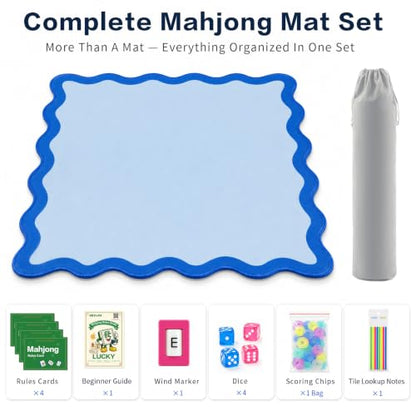 Complete Mahjong Mat Set, 32.4"x32.4" Blue Scalloped Edge Table Cover, Non-Slip & Noise Reduction Gaming Mat with Carrying Bag, Rules, Chips, Wind Marker for Poker & Board Games - color: Blue-set