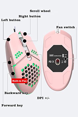 Newly Wired Gaming Mouse with Fan, Cooling Fan Honeycomb PC Mouse RGB Led Gaming Mouse for Laptop, Silent Click & 4 DPI Levels - No Sweaty Palm