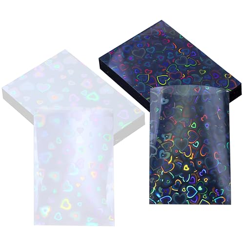 ONLYKXY 100pcs Soft Clear Plastic Heart Glitter Bag Storage Pouch Laser Sleeve Cover Pocket Holder Holographic Photo Protector Top Loader for 3in Trading Card Coin Jewelry (Black & White) - color: Black & White