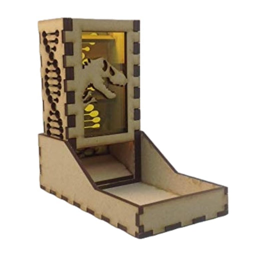 T Rex Fossil Mini Dice Tower v1 Yellow Acrylic Window Laser Cut MDF Unique Gift