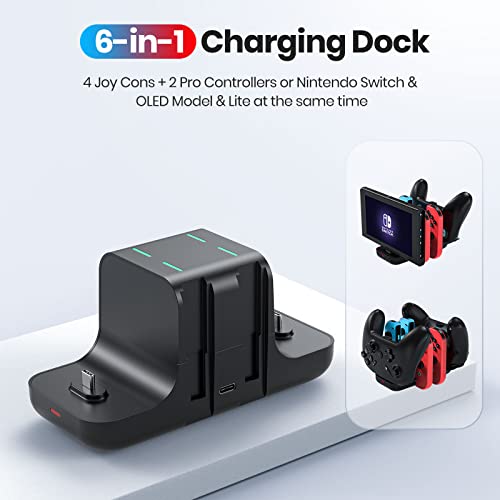 NEWDERY 6-in-1 Charger Dock for Nintendo Switch Pro Controller and Joy con | Fast Charging Dock with LED Indicators, Compatible with Nintendo Switch / OLED / Lite, Includes USB-C Charging Cable