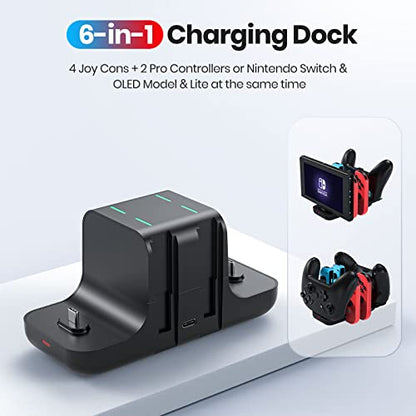 NEWDERY 6-in-1 Charger Dock for Nintendo Switch Pro Controller and Joy con | Fast Charging Dock with LED Indicators, Compatible with Nintendo Switch / OLED / Lite, Includes USB-C Charging Cable