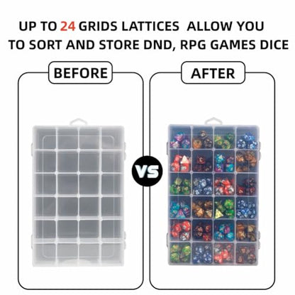 2 Pack DND Dice Storage Box Each 24 Grids Polyhedral Dice Organizer with Removable Dividers Holding Up to 1600 Dices Small Craft Containers for Dice Collectors or RPG D&D Games (Box only) - size: Box only