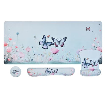 MEGREZ 4-in-1 Mouse Pad with Wrist Rest Ergonomic Memory Foam Desk Mat Set | ergonomic, anti-slip base, 4pcs set, desk pad, mouse wrist rest, keyboard rest, coaster, ideal for office & gaming - color: Green Butterfly Pink Flower