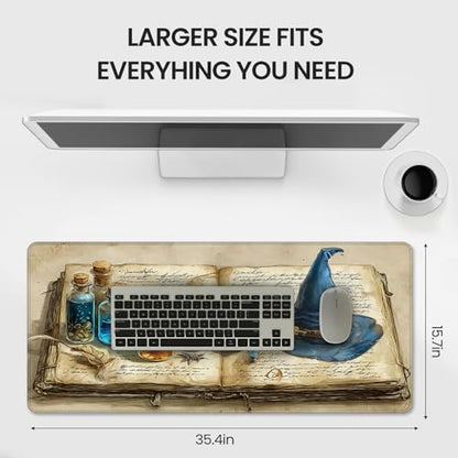 Large Gaming Mouse Pad, Wizard Spellbook Design, 35.4 x 15.7 Inches, Extended Desk Mat - color: Ancient Wizard's Hat and Potion