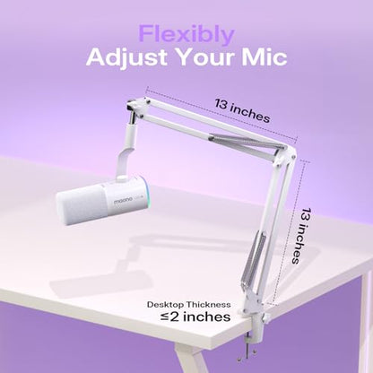 MAONO PD100W Wireless USB Dynamic Microphone, Gaming PC Mic with One-Click Noise Reduction,Mute Button,Custom RGB,3.5mm Headphone Jack,Software,Podcast Streaming Mic (Boom Arm(USB-C Receiver), White) - color: White