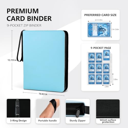 9 Pocket Zip Card Binder, Trading Card Album Holds 1080 Cards, Light Blue | Logo-free design,top-loading pages,removable double-sided pockets,waterproof cover,soft lnner lining. - color: Light Blue, size: 9 Pocket 1080