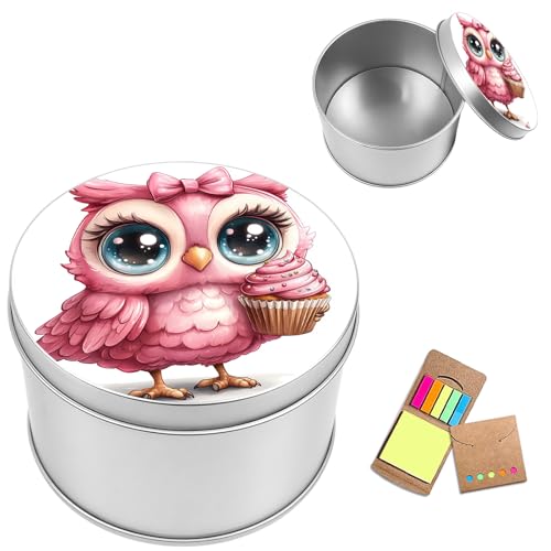 Metal Round Storage Containers Box with Lid, Metal Tins Organizer Box for Earring Jewelry Craft Trinket Keys Watch, Pink Cupcake Owl Design Decorative Storage Case with Notepad - color: Pink Cupcake Owl