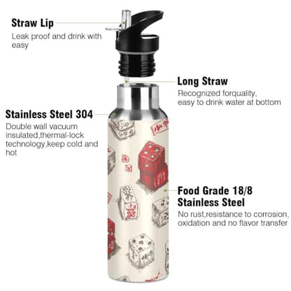 Dussdil Red Dice Pattern Water Bottle with Handle Straw Lid Vacuum Insulated Tumblers Stainless Steel Bottles Cup BPA Free 20 Oz - size: 20.3 Ounces