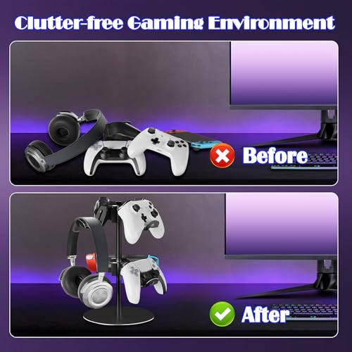 ZHGM Controller Stand 2 Tiers, Universal Gaming Headphone Stand Compatible with Xbox PS5 PS4 Nintendo Switch Pro, Aluminum Headset Holder Organizer Rack, Desktop Gamepads Holder, Black - color: Black