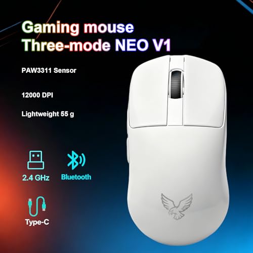 NEO V1 Wireless Gaming Mouse, Triple Mode Bluetooth 5.0 2.4G USB-C, 55g Lightweight, 12000 DPI PAW3311, RGB Backlit, 6 Buttons Rechargeable Optical Mouse for Gaming Office (White) - color: White
