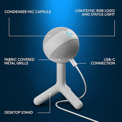Logitech G Yeti Orb Condenser RGB Gaming Microphone - Off White | LIGHTSYNC, USB Mic for Streaming, Cardioid, USB Plug and Play for PC/Mac - color: Off White