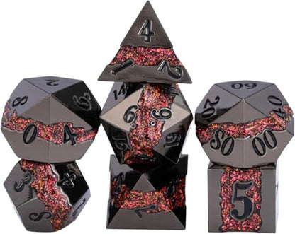 Metal Polyhedral Dice Set, 7PCS RPG Dice with Galaxy Glitter Resin Inlay for Dungeons and Dragons, Pathfinder Tabletop Role Playing Games - color: Black Nickel Red
