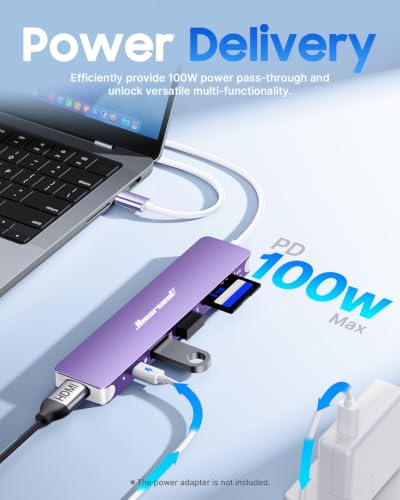 Hiearcool USB C Hub, 7-in-1 USB C Dongle for MacBook, HDMI, PD, Purple - color: Light Purple