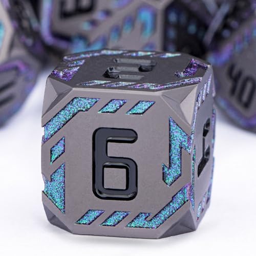 Metal DND Sci-fi Dice Set 7PCS Stripe Polyhedral Dice for Dungeons Dragons RPG Role Playing Game, Glitter D and D Dice with Gift Box D6 D8 D10 D12 D20 (Black&Green Purple) - color: Black - Green Purple