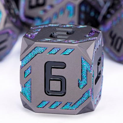Metal DND Sci-fi Dice Set 7PCS Stripe Polyhedral Dice for Dungeons Dragons RPG Role Playing Game, Glitter D and D Dice with Gift Box D6 D8 D10 D12 D20 (Black&Green Purple) - color: Black - Green Purple