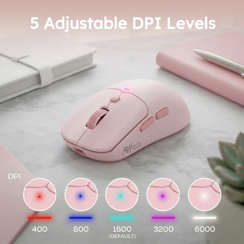 RK ROYAL KLUDGE MO1 Wireless Mouse, 55g Ultra-Lightweight Computer Mice, 6 Programmable Buttons, 2.4GHz/Bluetooth/Wired, 6000 DPI Optical Sensor, Pink - color: Pink