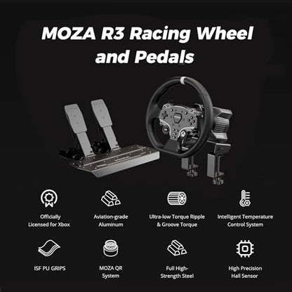 MOZA R3 Steering Wheel and Pedals Kit for Xbox(official Licensed) & PC: 3.9Nm Direct Drive WheelBase, 11-inch Racing Wheel, Pedals and Desk Clamp All-in-One Gaming Racing Simulator