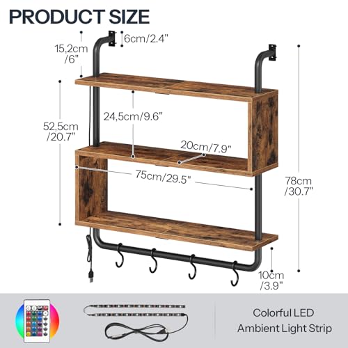HOOBRO Floating Shelves with LED Lights, 29.5" LED Wall Mounted Gaming Shelf, 3-Tier Pipe Display Rack with Hanging Rod and 4 S-Hooks, for Storage Livingroom, Bedroom, Rustic Brown and Black BF21DBJ01 - color: Rustic Brown + Black