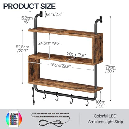 HOOBRO Floating Shelves with LED Lights, 29.5" LED Wall Mounted Gaming Shelf, 3-Tier Pipe Display Rack with Hanging Rod and 4 S-Hooks, for Storage Livingroom, Bedroom, Rustic Brown and Black BF21DBJ01 - color: Rustic Brown + Black