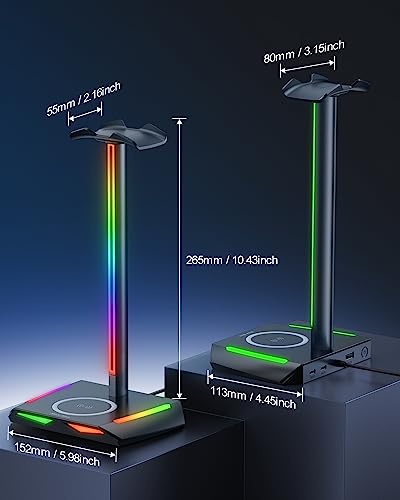 New Bee RGB Headphone Stand with 2 USB-C & 1 USB Charging Ports, Desk Gaming Headset Holder with 7 Light Modes and Non-Slip Rubber Base Suitable for All Earphone Accessories | 2 USB-C & 1 USB Charging Ports, 7 Light Modes, All Earphone Accessories