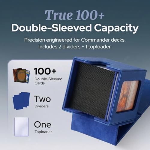 Commander Deck Box MTG 100 Card Holder with Display Window Blue | PU leather, 4 N52 magnets, fits 100 double-sleeved cards, display window, durable, portable, secure closure - color: Blue, size: 110+