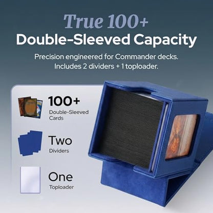 Commander Deck Box MTG 100 Card Holder with Display Window Blue | PU leather, 4 N52 magnets, fits 100 double-sleeved cards, display window, durable, portable, secure closure - color: Blue, size: 110+