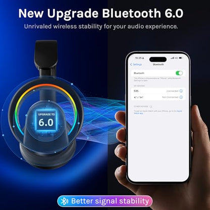 LOBKIN Open Ear Headphones, Bluetooth 6.0 Wireless Headset with Detachable Mic, Adjustable RGB Lights, Voice Assistant Comfortable Breathable Safe Lightweight Over Ear Headphones for Working Gaming