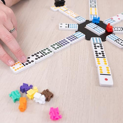Sunny Days Entertainment Elbow Room Games Mexican Train Dominoes Set – Double 12 Color Dot Dominos Game with Tin Case & Hub for Family Fun | 91 Pieces, Plastic Tiles, Tin Storage Case, Central Hub, 6 Players, 8 in x 8 in, Family Game Night