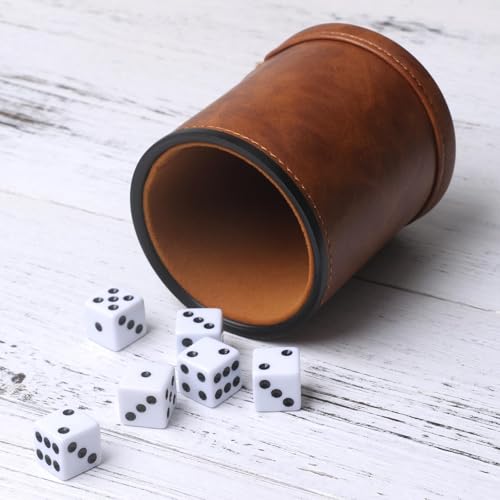 Brown PU Leather Dice Cup Set, Felt Lined Dice Shaker with 6 Dice for Liars Farkle Yahtzee Game - color: Patterned Brown