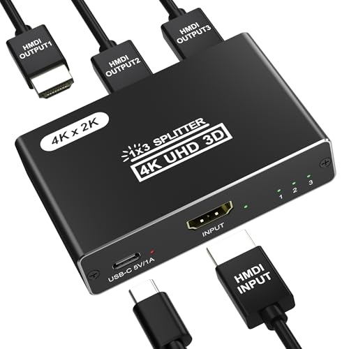 HDMI Splitter 1 in 3 Out, 4K HDMI Distributor for Triple Monitors, HDMI Splitter Copy 1 Source to 3 Displays at The Same Time for TV/Monitor/Projector/PS5/Laptop/STB (Power Cable Must Be Connected)
