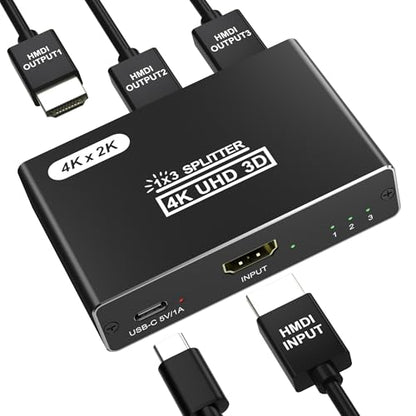 HDMI Splitter 1 in 3 Out, 4K HDMI Distributor for Triple Monitors, HDMI Splitter Copy 1 Source to 3 Displays at The Same Time for TV/Monitor/Projector/PS5/Laptop/STB (Power Cable Must Be Connected)