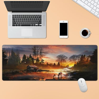 XXL Gaming Mouse Pad 35.4x15.7 inch, Autumn Forest Stream Landscape Theme Desk Mat,Large Waterwheel Deer Rainbow Scene Mousepad (Autumn Wooden House Deer) - color: autumn wooden house deer