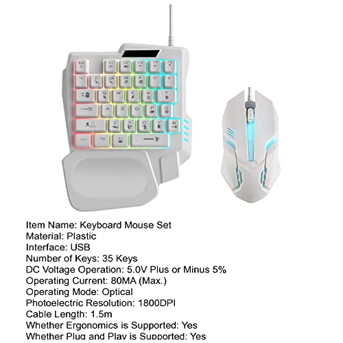 One Handed Gaming Keyboard RGB Backlit and Mouse 35 Keys Ergonomic Mini Keyboard with Wrist Rest USB Interface Mini Game Controller for Gamer White