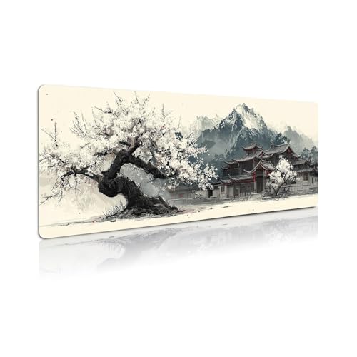 Extended Gaming Mouse Pad, Large Mouse Mat 3 mm Nature Rubber Base Mousepad with Stitched Edges, Non-Slip Desk Mat for Office Home Great Gift 31.5x11.8 Inch (Japanese Ink 4) - color: Japanese Ink 4