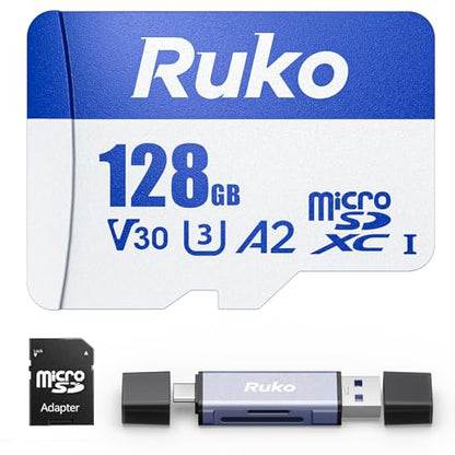 Ruko 128G Micro SD Card with Reader & Adapter, UHS-I, C10, A2, U3/V30, | Memory Card Speed Up to 100MB/s, 4K UHD, Long-Lasting TF Card for Camera, Smartphone, Drone, Gaming Console